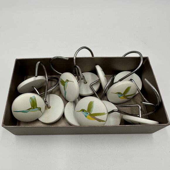 Hummingbird Wooden Hand Painted Shower Curtain Hooks 1.5” Round Set of 12 - Picture 1 of 5